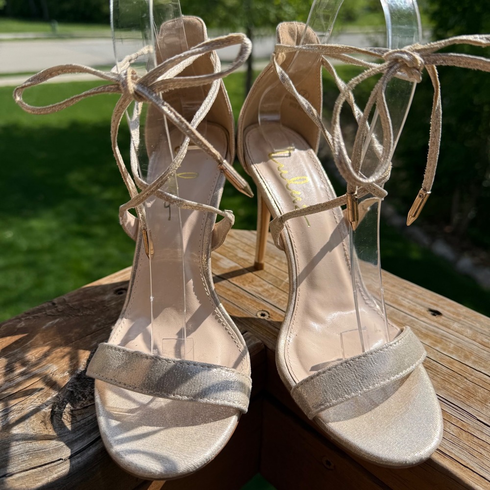 Lulus Lace Up Heels Women 7 Champagne Gold EUC Metallic Stiletto Sandals Wedding - Picture 4 of 10
